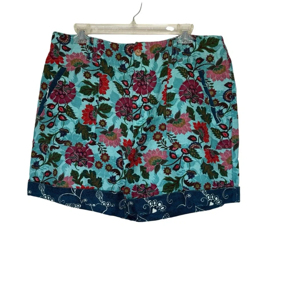 Sundance Women Sz 14 Cuffed Kalini Floral Paisley Linen Cotton Shorts Zip Front